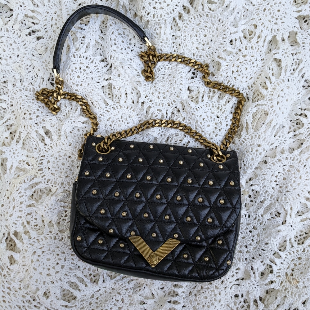 The Kooples Stella Studded Bag Black Leather + Brass Chain